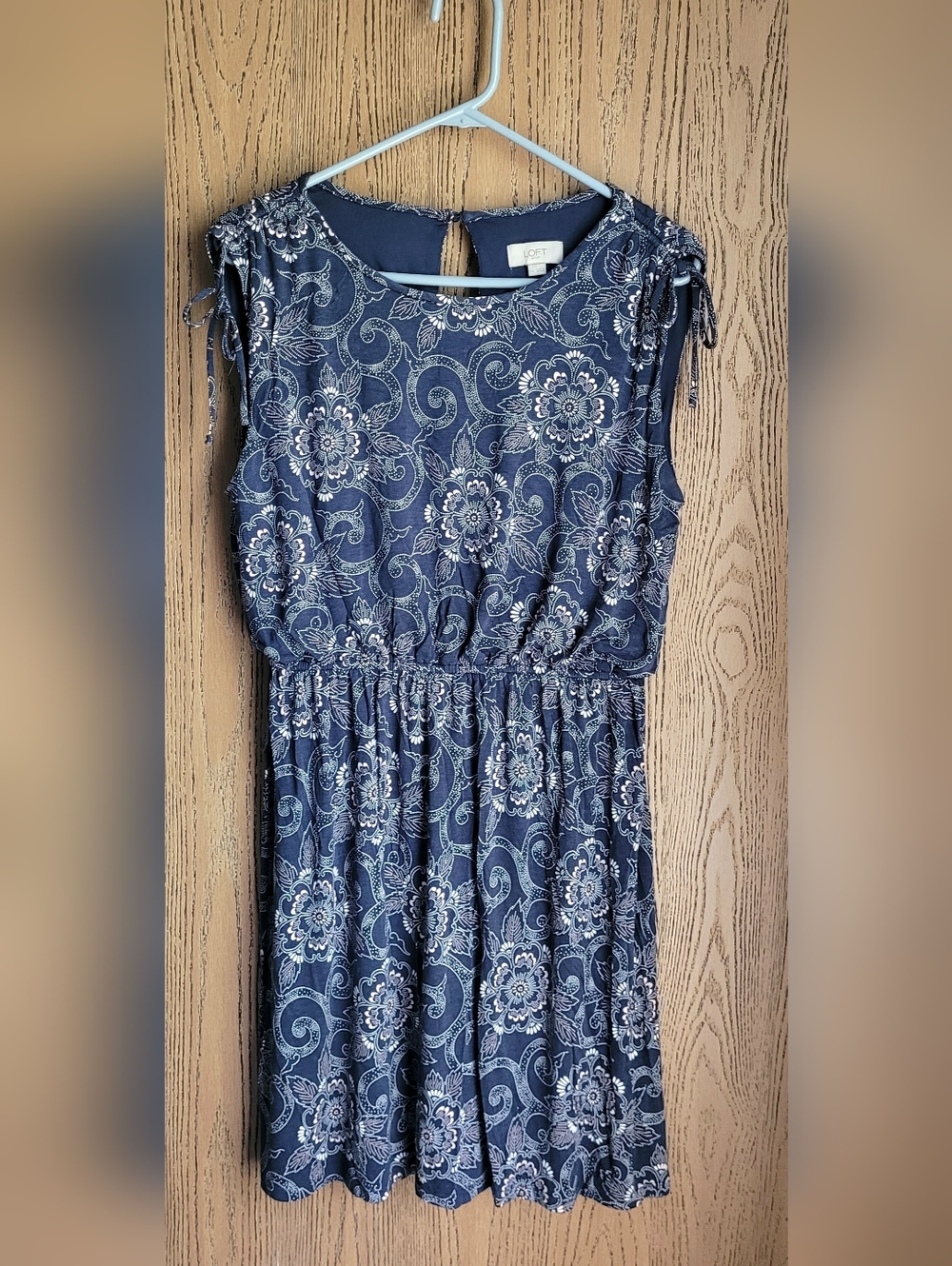 LOFT Blue Floral Dress Boho Cottagecore Fit & Flare Sleeveless Tie Shoulder